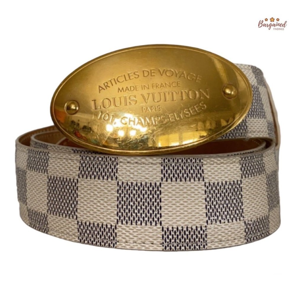 Authentic Louis Vuitton Damier Azur Canvas Leather Voyage Belt Size 85/34 M9837
